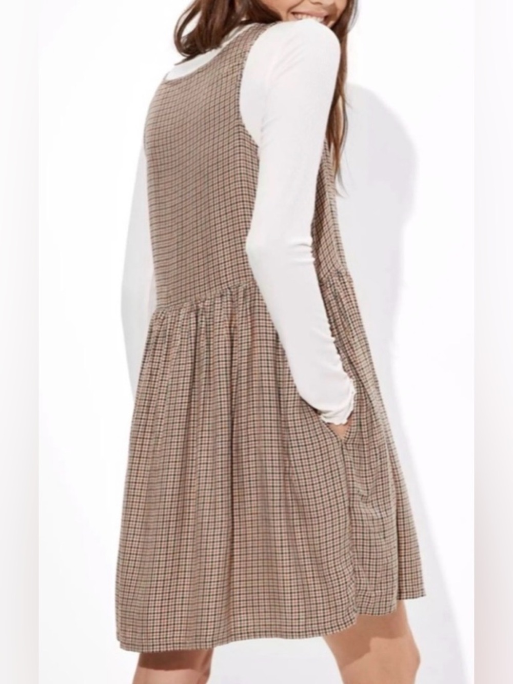 Plaid Babydoll Sleeveless Dress Pockets Brown Tan Neutral Academia Cottagecore - Picture 2 of 8